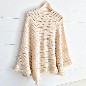 Vintage Poncho crocheted cream off-white color Knit Sweater Fringe Boho Cape